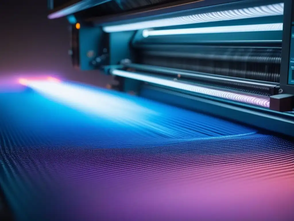 Máquina textil futurista produciendo tejidos sostenibles reciclados Innovadora máquina de tejido produciendo textiles sostenibles con materiales revolucionarios