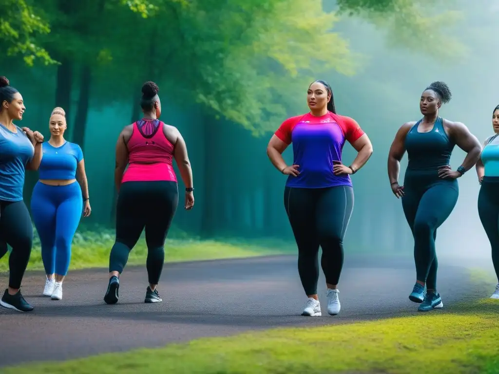 Entrenamiento grupal inclusivo y energético en la naturaleza Inspirador entrenamiento para cuerpos plus size en la naturaleza, con colores vibrantes y expresiones determinadas