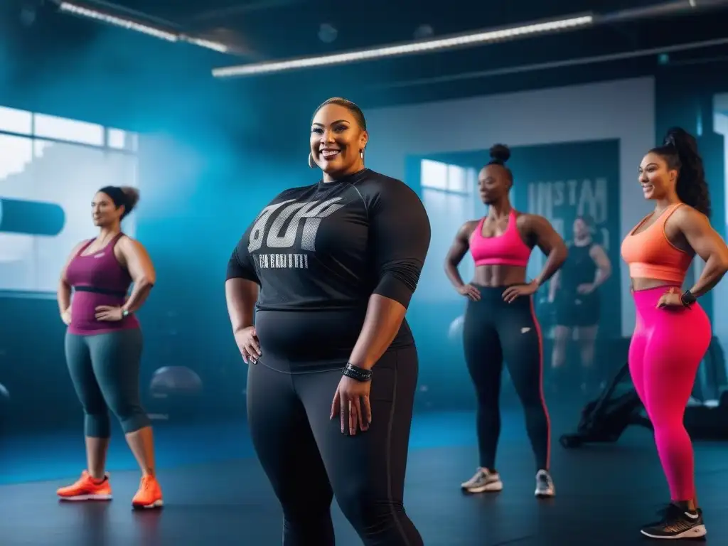Clase de fitness inclusiva con personas plussize Inspirador entrenamiento para tallas plus size en un gimnasio inclusivo y motivador