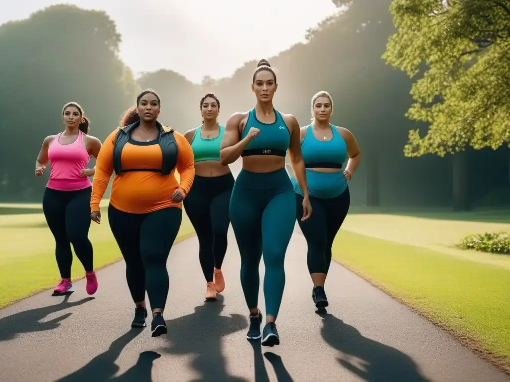 Entrenamiento grupal inclusivo en el parque al atardecer Inspirador entrenamiento para tallas plus size en parque, unidos en fuerza y empoderamiento al atardecer