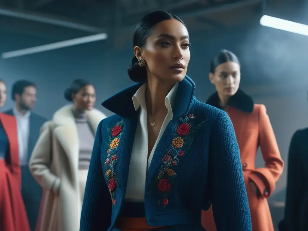 Inspirador grupo de diseñadores de moda sostenible de diferentes culturas fusionando tradición y modernidad en un estudio luminoso