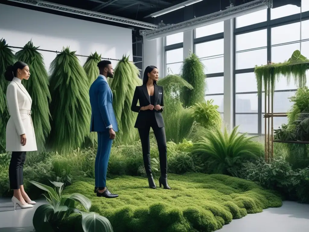 Diseñadores de moda eco-friendly colaborando en estudio luminoso Inspiradora colaboración de diseñadores de moda en un estudio ecológico, siguiendo estándares ambientales ISO 14001