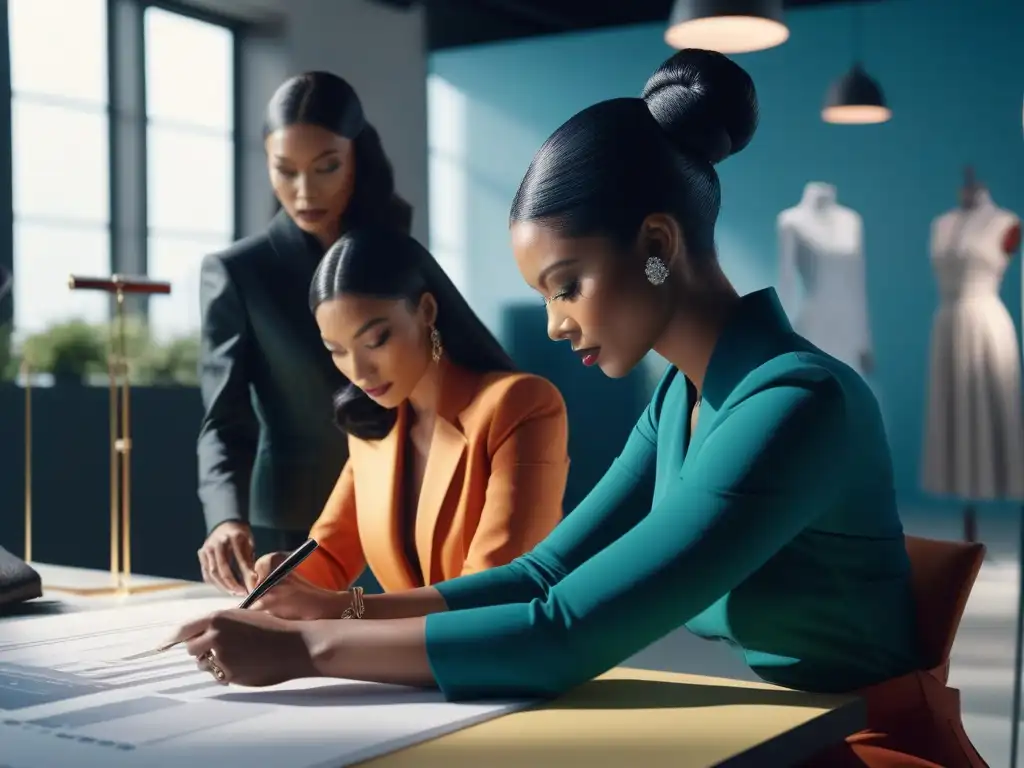 Diseñadores de moda innovando juntos en estudio de vanguardia Inspiradora reunión de diseñadores de moda de distintas etnias y géneros, creando tendencias de moda para nichos en un estudio moderno y luminoso