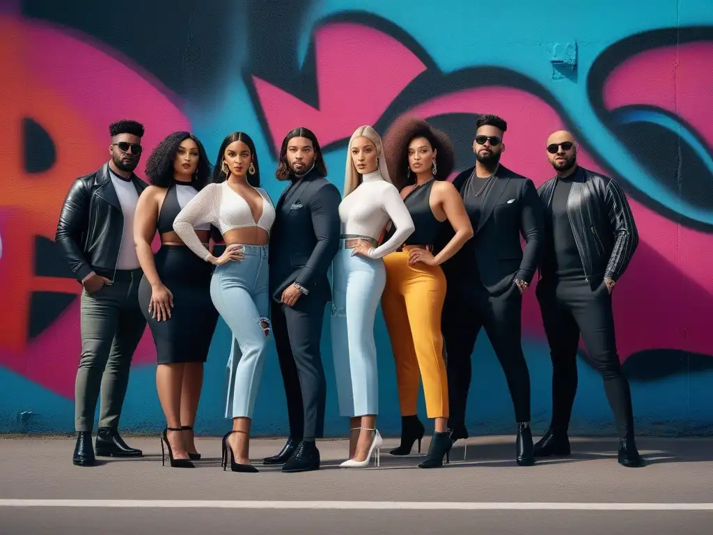 Influencers de moda diversa en ambiente urbano inclusivo Una inspiradora imagen de moda inclusiva para todos cuerpos, con influencers diversos luciendo outfits modernos frente a un mural colorido