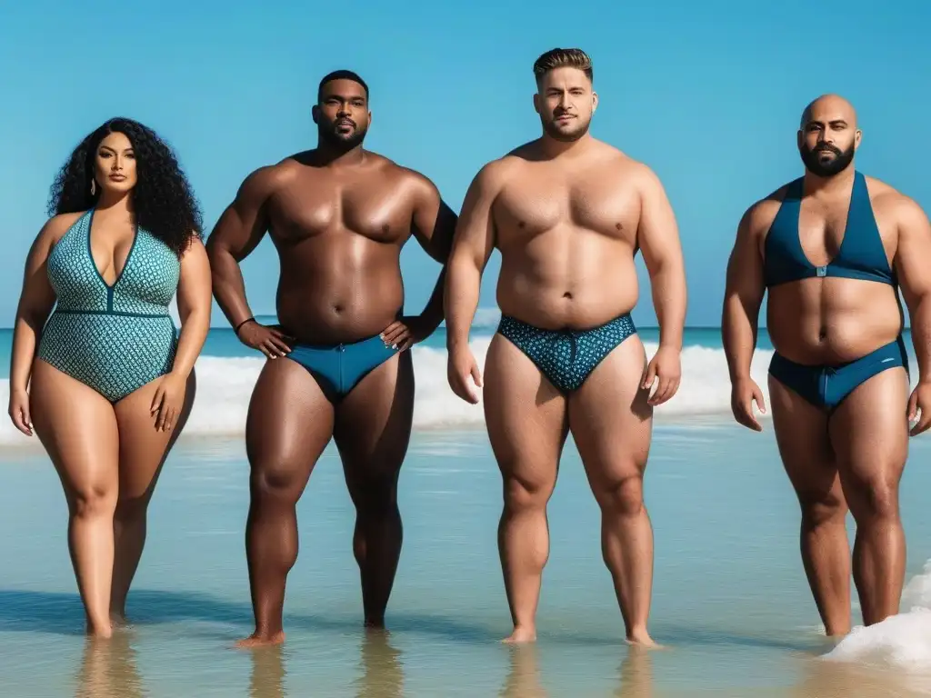 Modelos masculinos plus size desfilan con estilo en trajes de baño inclusivos Una inspiradora imagen de modelos masculinos de tallas grandes de diversas etnias luciendo trajes de baño modernos que realzan su tipo de cuerpo