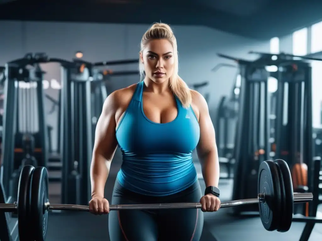 Empoderamiento: Mujer plus size levantando pesas en gimnasio moderno Inspiradora mujer plus size levantando pesas en moderno gimnasio
