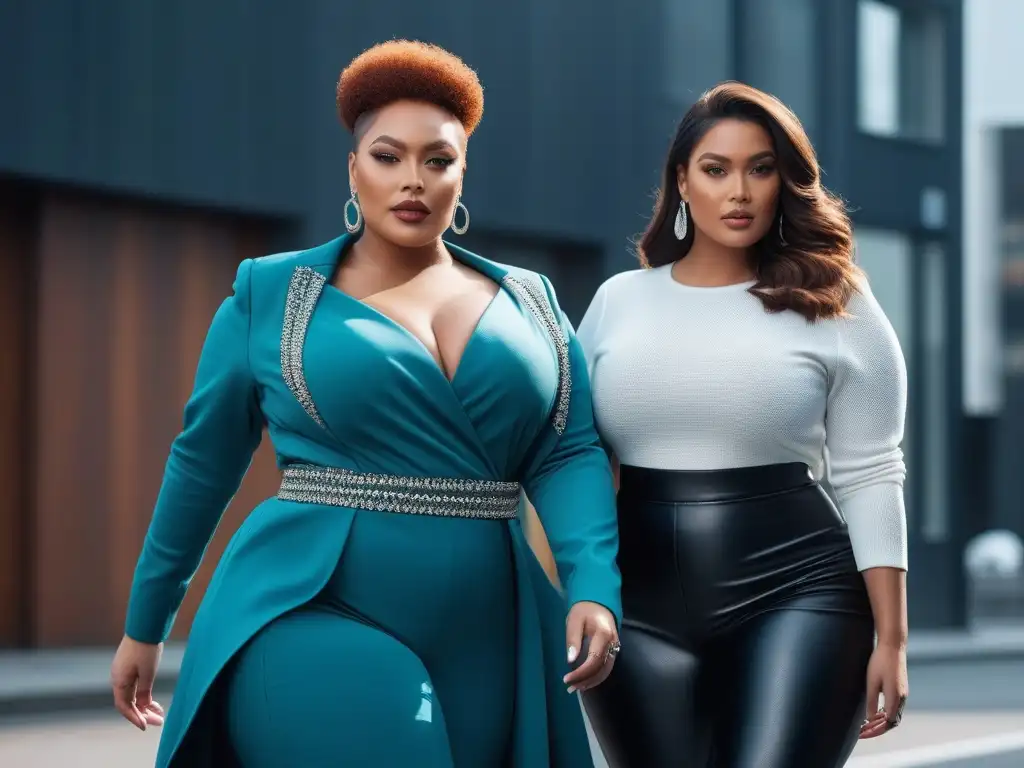Desfile moda plus size: diversidad y empoderamiento Inspiradoras modelos de moda plus size posando juntas con estilo y confianza en un entorno urbano moderno