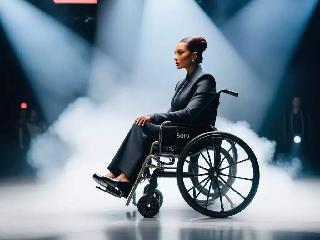 Desfile inclusivo: moda de vanguardia en pasarela Inspiradores modelos en silla de ruedas desfilan con estilo vanguardista en pasarela iluminada