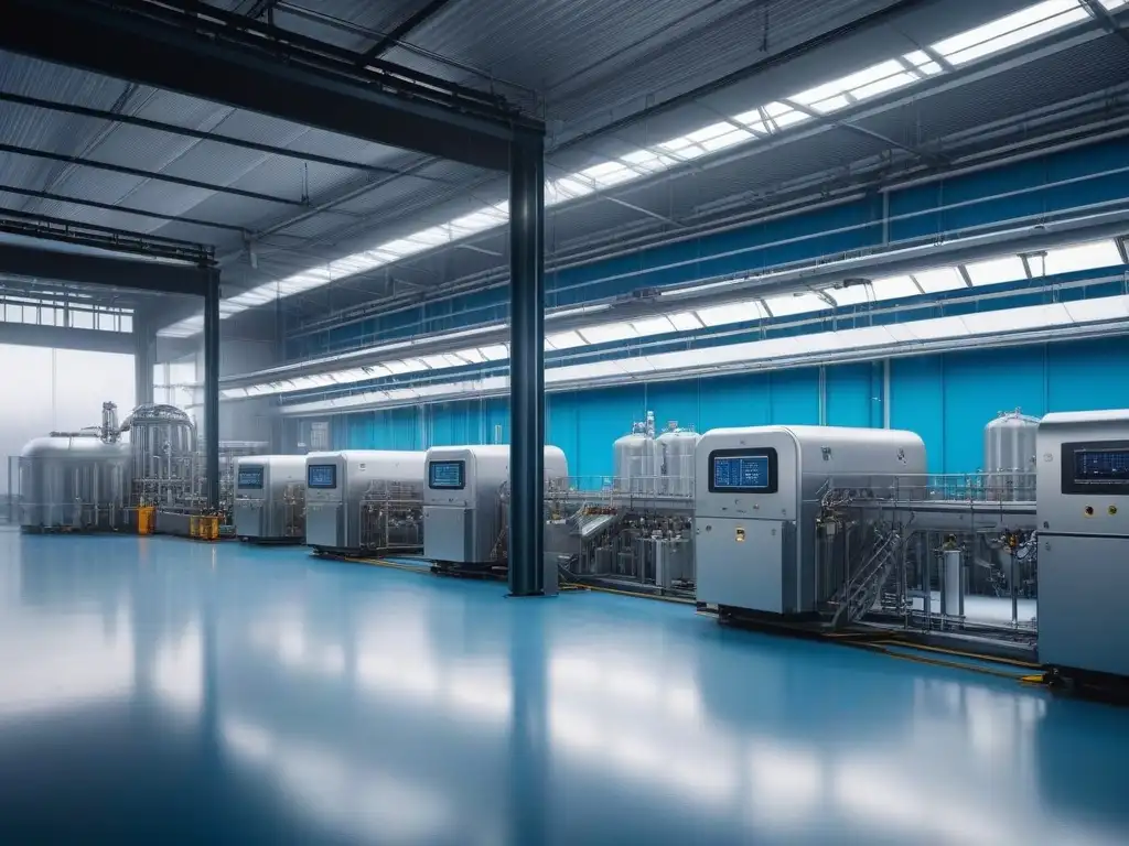 Producción textil sostenible: fábrica moderna con reciclaje de agua Instalación textil moderna con normativas producción textil agua, operarios eco amigables y diseño sostenible
