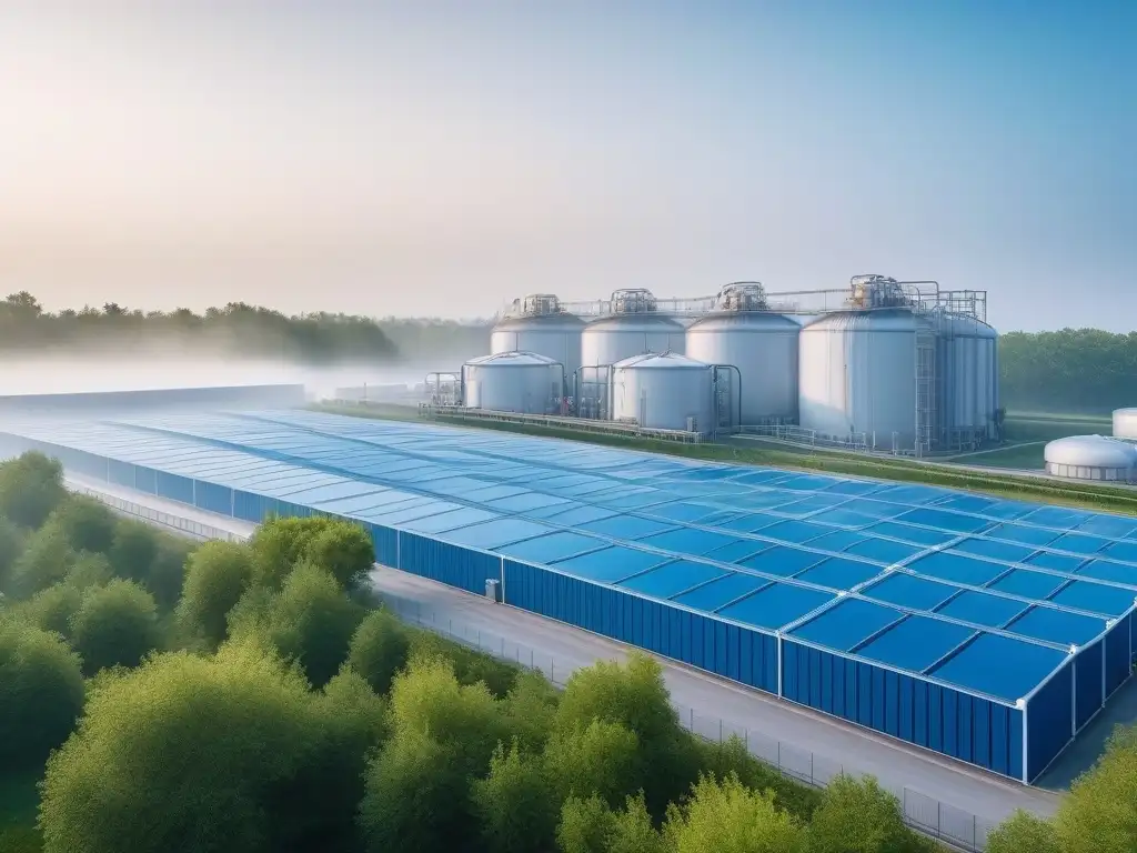 Planta textil eco-sostenible con avanzado tratamiento de agua Instalación textil moderna rodeada de vegetación, cielos azules y sistemas avanzados de tratamiento de agua