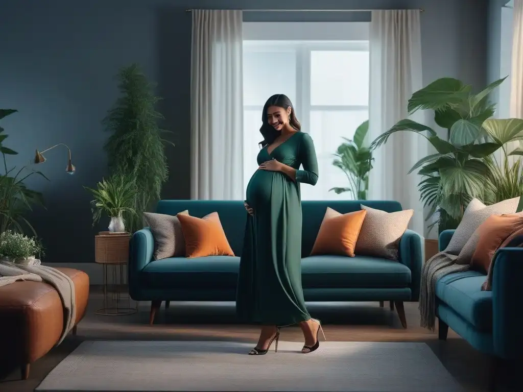 Intercambio de Ropa de Maternidad entre Mujeres en Salón Moderno Intercambio de ropa maternal familiar en un salón acogedor entre mujeres sonrientes