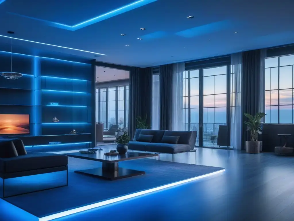 Interfaz de seguridad futurista para mansiones de lujo Interfaz de seguridad futurista para casas de lujo, con reconocimiento facial y sensores de movimiento, en tonos azules