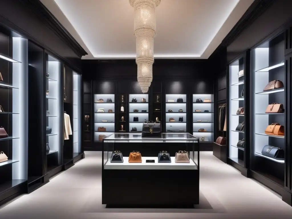Boutique de lujo: accesorios exclusivos en un ambiente sofisticado Interior de boutique de lujo mostrando accesorios elegantes como bolsos, relojes y joyas