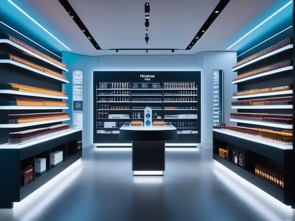 Suplementos cardíacos de lujo en farmacia moderna Interior de farmacia moderna con suplementos para corazón y circulación de alta gama organizados en estantes minimalistas bajo una suave iluminación cálida, destacando un producto de vanguardia
