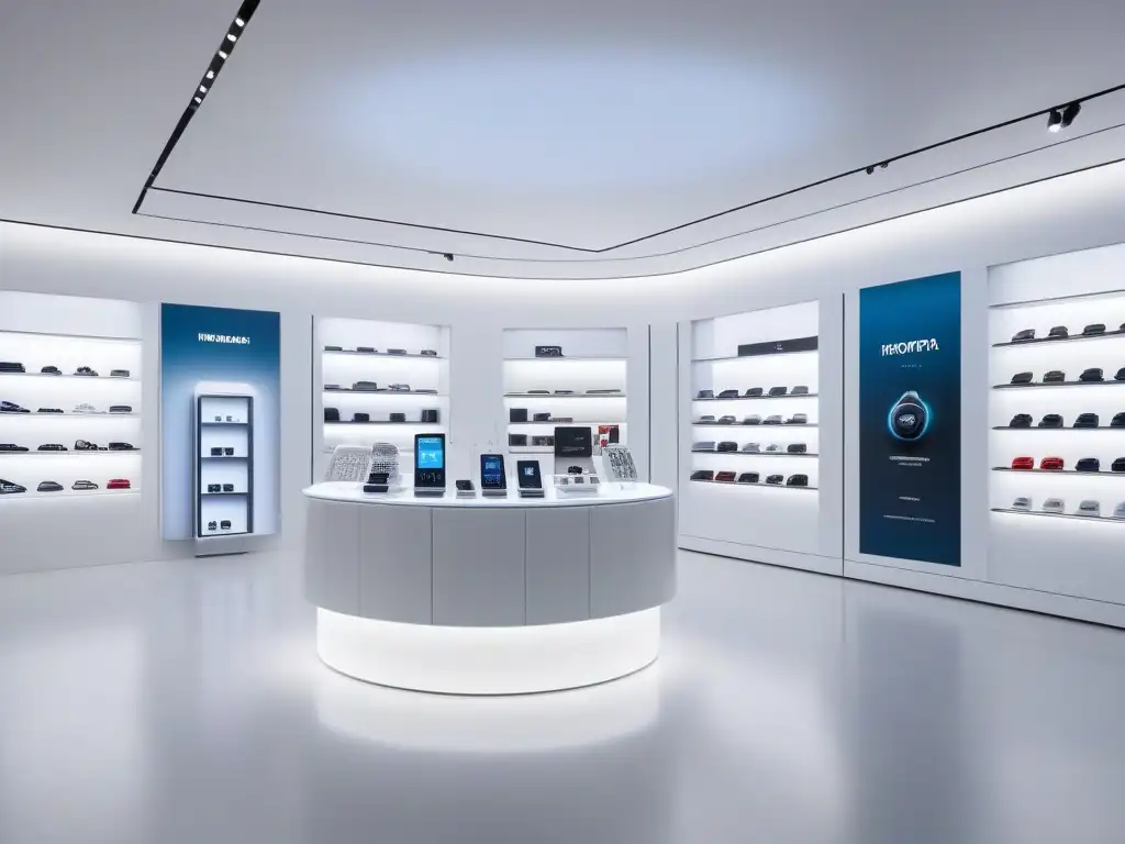 Tienda de lujo: gadgets de alta gama y diseño innovador Interior lujoso de tienda con gadgets de moda de alta gama, lujo moda gadgets impacto industria
