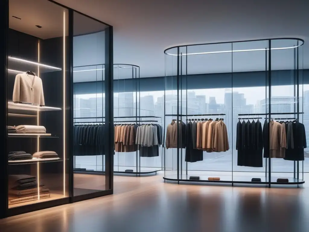 Tienda de moda ética: diseño moderno y transparente Interior moderno de tienda de moda con transparencia en cadenas de moda tall