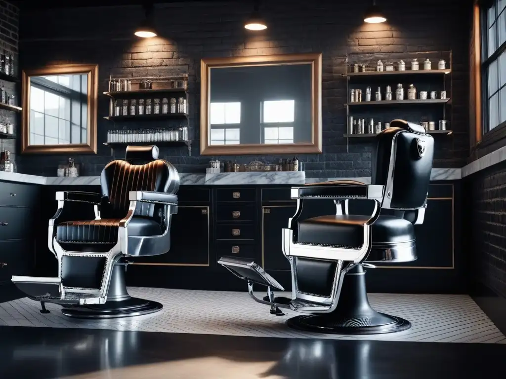 Barbería moderna: elegancia en detalle Interior sofisticado de barbería moderna con productos de belleza para hombres, mobiliario elegante y ambiente acogedor