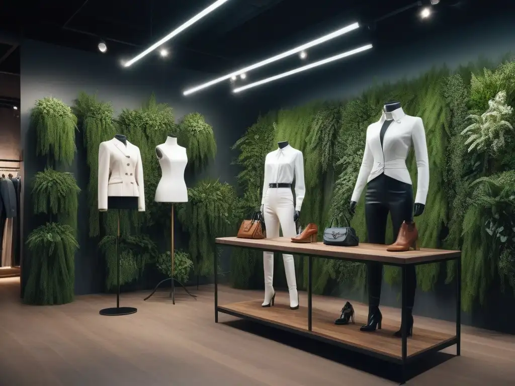 Diseño ecochic: tienda de moda sostenible con estilo y conciencia ambiental Interior de tienda ecoamigable con materiales sostenibles, maniquíes en moda eco y paredes verdes