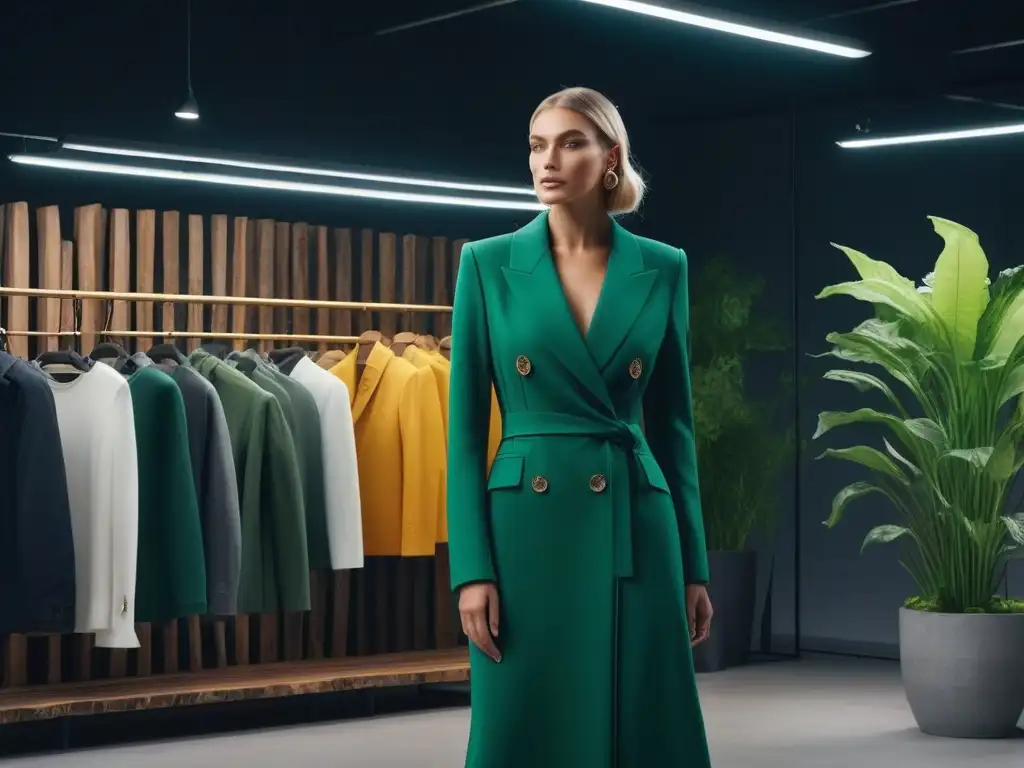 Tienda de moda ecológica: diseño moderno y sostenible Interior de tienda de moda ecoamigable con normativas LEED, elegante y luminoso, con materiales sostenibles y plantas verdes