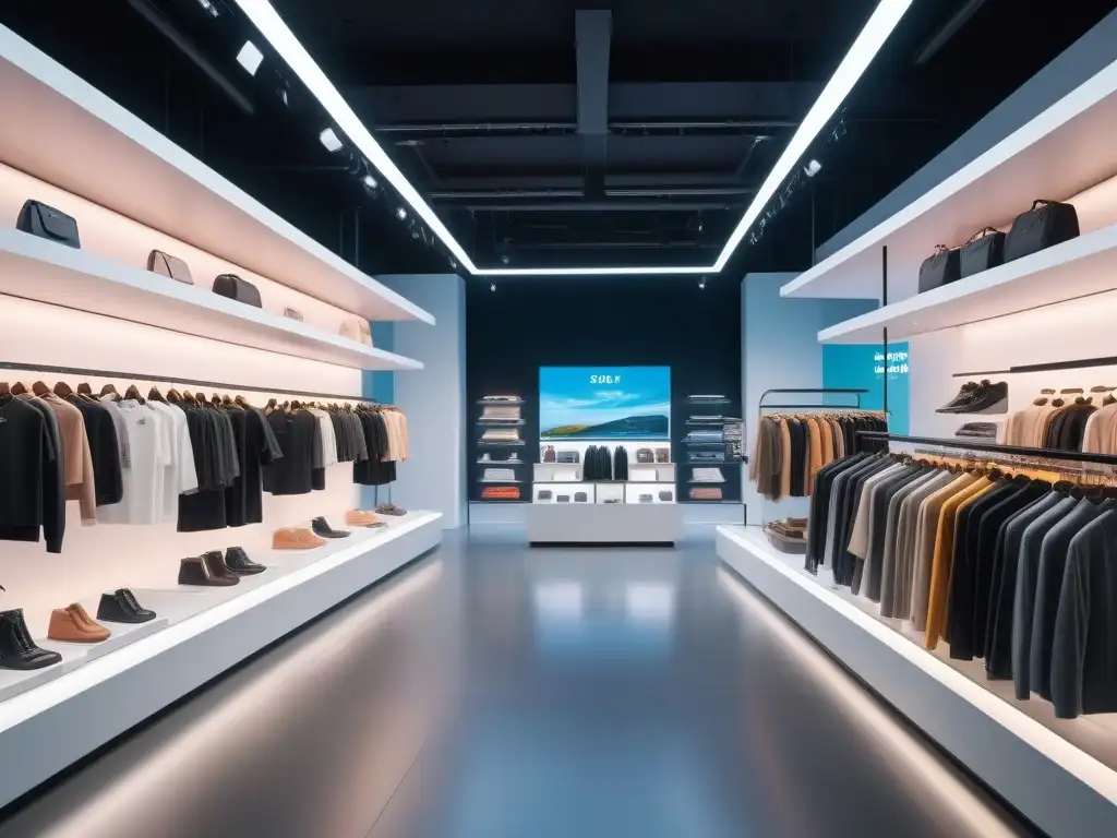 Tienda futurista inclusiva: moda diversa y tecnología avanzada Interior de tienda de moda inclusiva futurista con tecnología avanzada y diseño acogedor