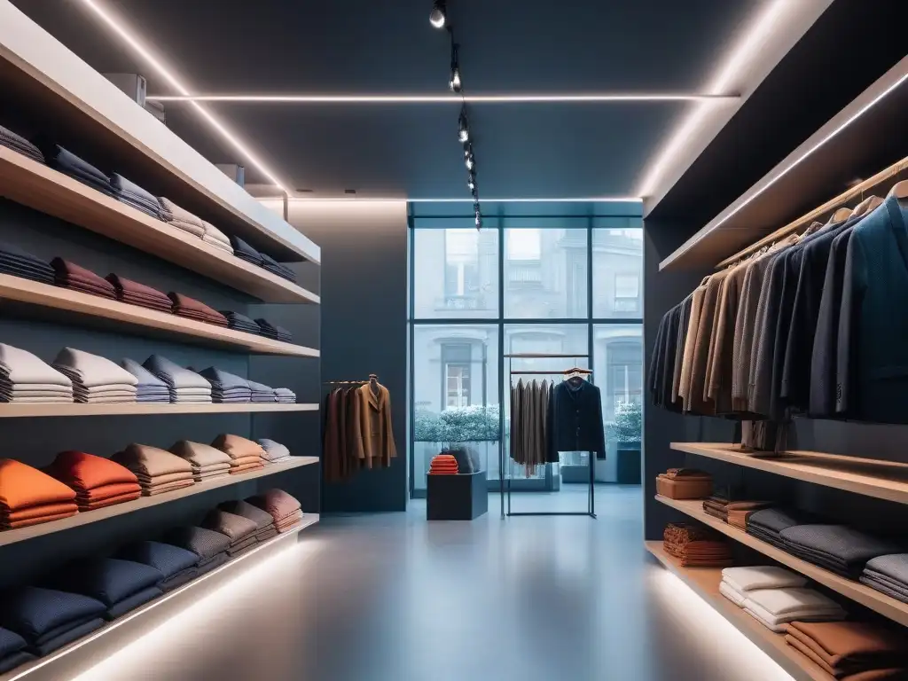 Tienda de moda sostenible: elegancia eco chic Interior de tienda de moda sostenible con estantes llenos de ropa elegante, iluminación LED y ambiente minimalista