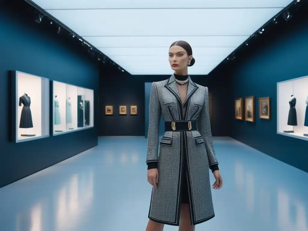 Interior ultramoderno de museo de moda: elegancia y creatividad Interior vanguardista de museo de moda para iconos, con elementos arquitectónicos modernos y visitantes elegantes admirando las exposiciones