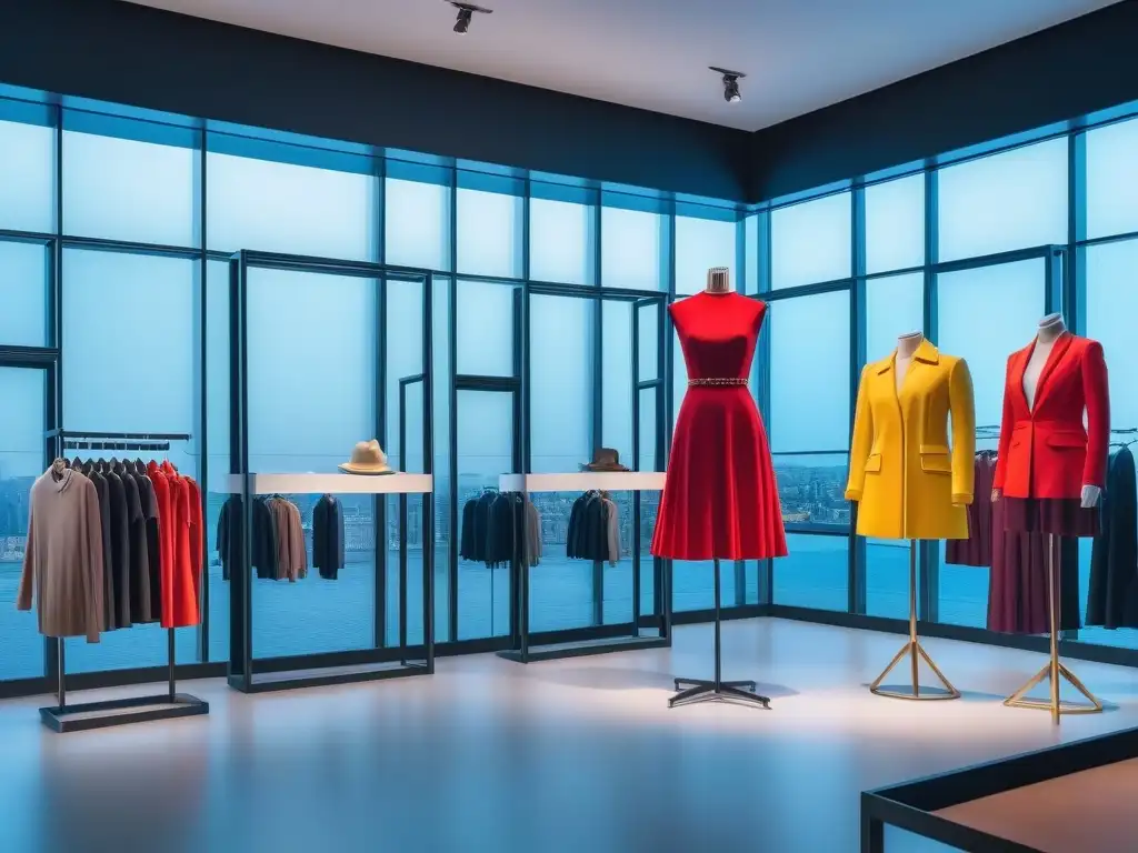 Tienda de moda inclusiva y moderna con diseños adaptativos Interior vibrante de tienda de moda inclusiva con maniquíes diversos luciendo diseños adaptativos, iluminación acogedora y puntos de venta futuristas