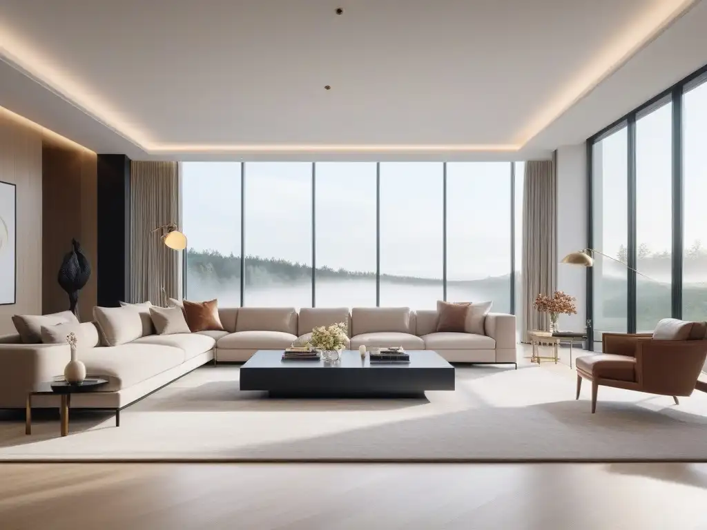 Sala de estar de lujo minimalista: diseño elegante y moderno Diseño de interiores minimalista de lujo: Sala elegante, minimalista y lujosa con muebles de alta gama y tonos neutros