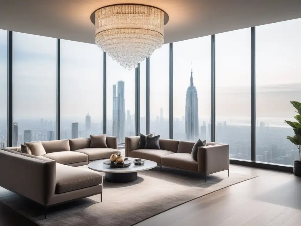 Salón de lujo con vistas urbanas impresionantes Diseño de interiores minimalista de lujo en sala moderna con vista panorámica a la ciudad