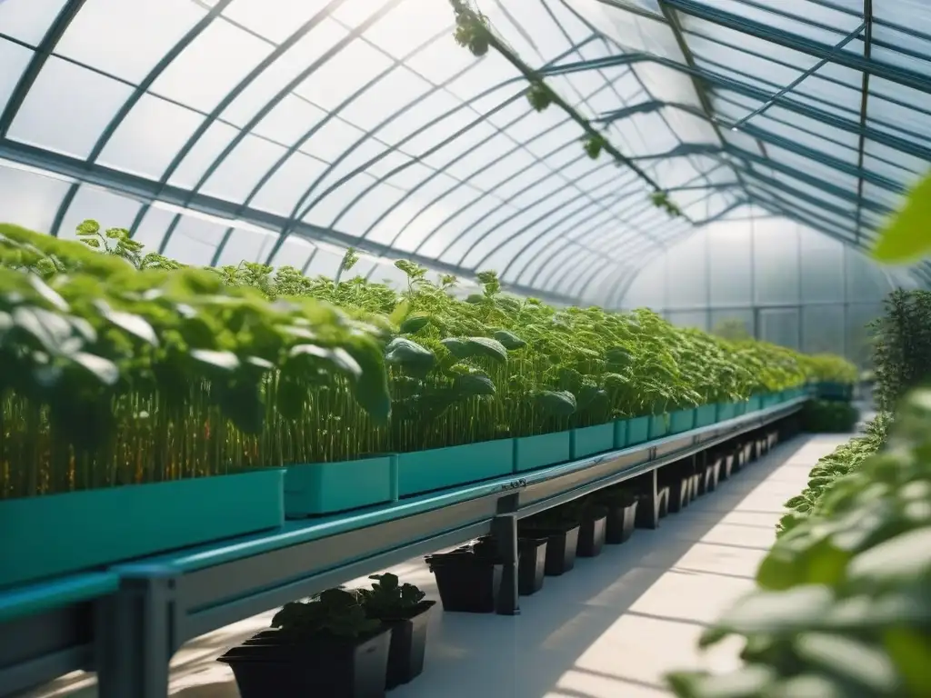Greenhouse futurista con robots jardineros y plantas vibrantes Un invernadero futurista lleno de plantas vibrantes, con gadgets de jardinería de alta tecnología, bañado en luz natural