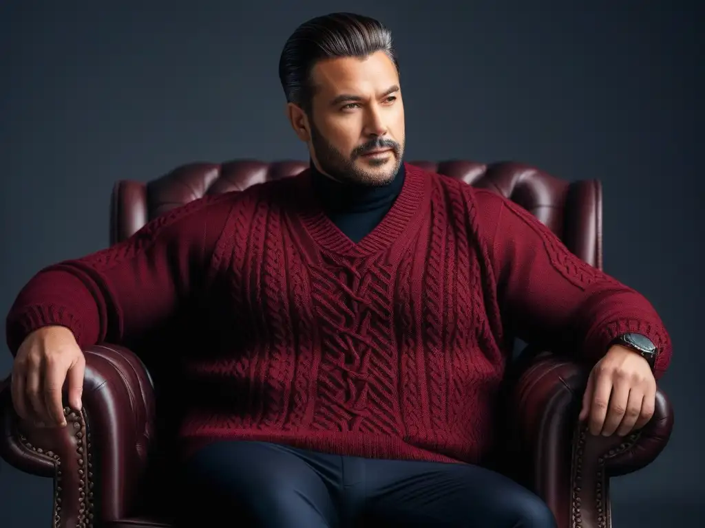 Sweater de talla grande en burgundy: detalle ultra acogedor Suéter plus size para invierno en burgundy con tejido elegante y textura suave, sobre una silla moderna