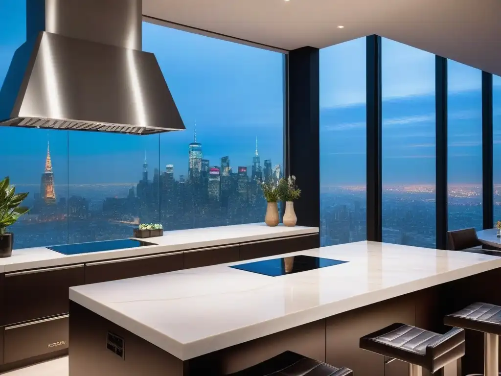 Isla de cocina moderna con gadgets de lujo incorporados y vista panorámica Isla de cocina moderna con gadgets de lujo integrados, destacando la evolución en la importancia de los gadgets de cocina