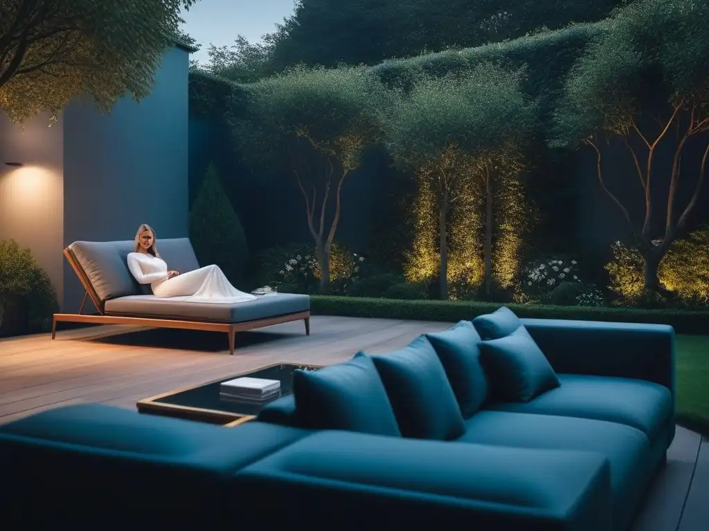 Jardín moderno iluminado: lujo y elegancia Un jardín moderno iluminado con elegancia y sofisticación, destacando la iluminación exterior inteligente