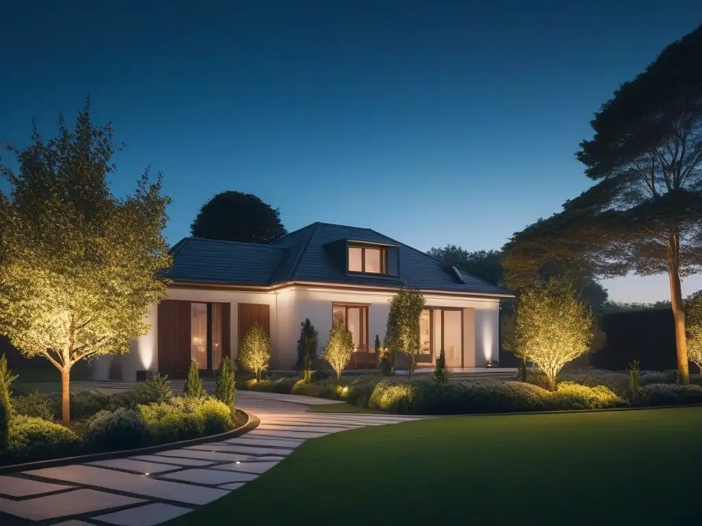 Jardín moderno de noche con iluminación inteligente Un jardín moderno iluminado de noche con iluminación exterior inteligente, creando un ambiente lujoso