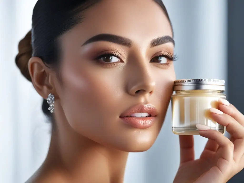 Ritual de belleza: mujer radiante aplicando crema en un entorno elegante Joven aplica crema facial en lujoso entorno, para tratamientos belleza pieles sensibles