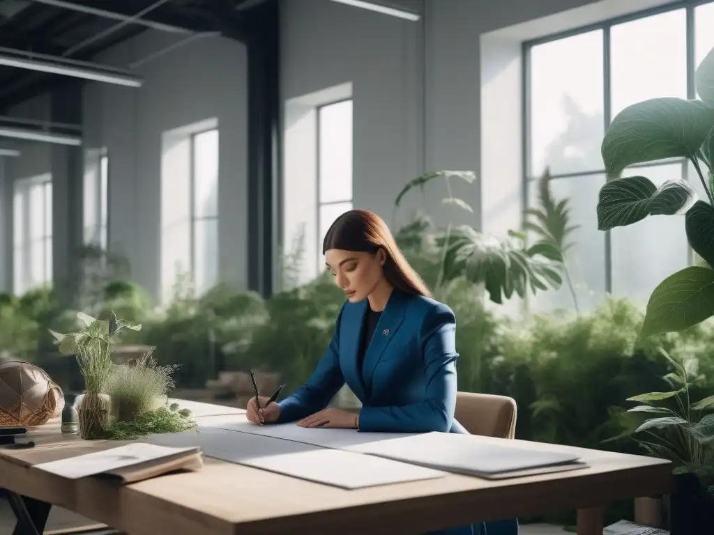 Estudio de moda del futuro: diseño sostenible en armonía con la naturaleza Joven diseñadora de moda en estudio sostenible rodeada de materiales biodegradables y plantas