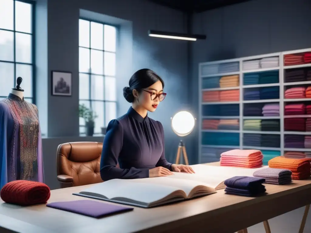 Diseñadora de moda petite: pasión y creatividad en estudio moderno Joven diseñadora de moda petite en estudio moderno con telas coloridas y bocetos, dedicación y pasión por su arte