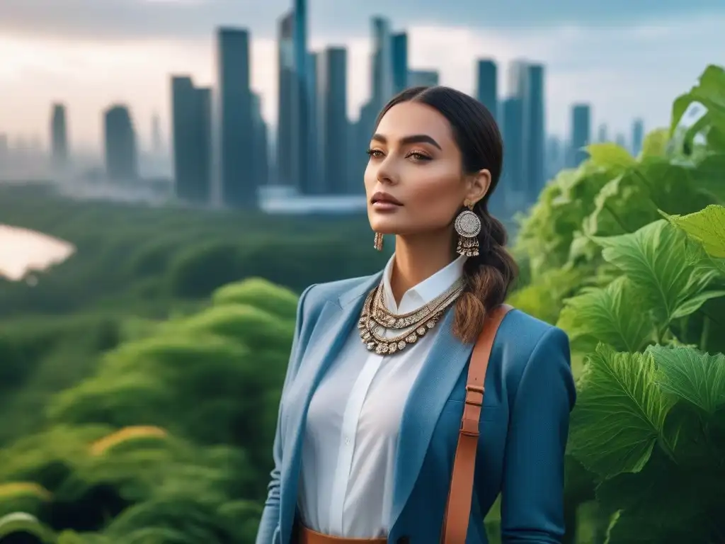 Elegancia sostenible: joyería ecofriendly en armonía con la naturaleza Joven elegante con accesorios eco amigables y moda sostenible, en un entorno urbano y natural
