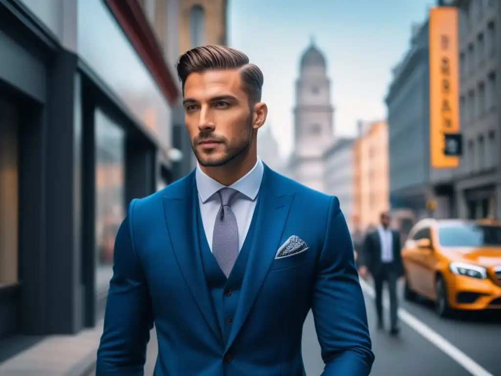 Joven alto y elegante caminando con confianza en la ciudad Un joven elegante y alto camina confiado por una calle urbana, vistiendo un traje a medida