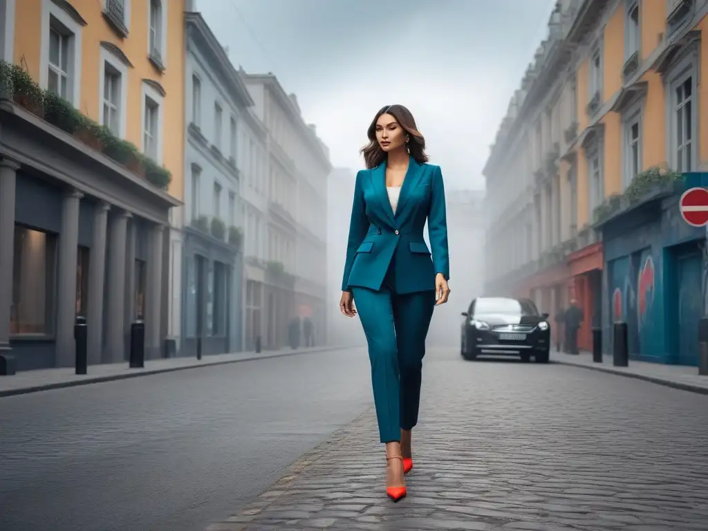 Elegancia urbana: mujer moderna con outfit exclusivo Una joven elegante camina con confianza por la ciudad, luciendo un atuendo exclusivo de marca petite