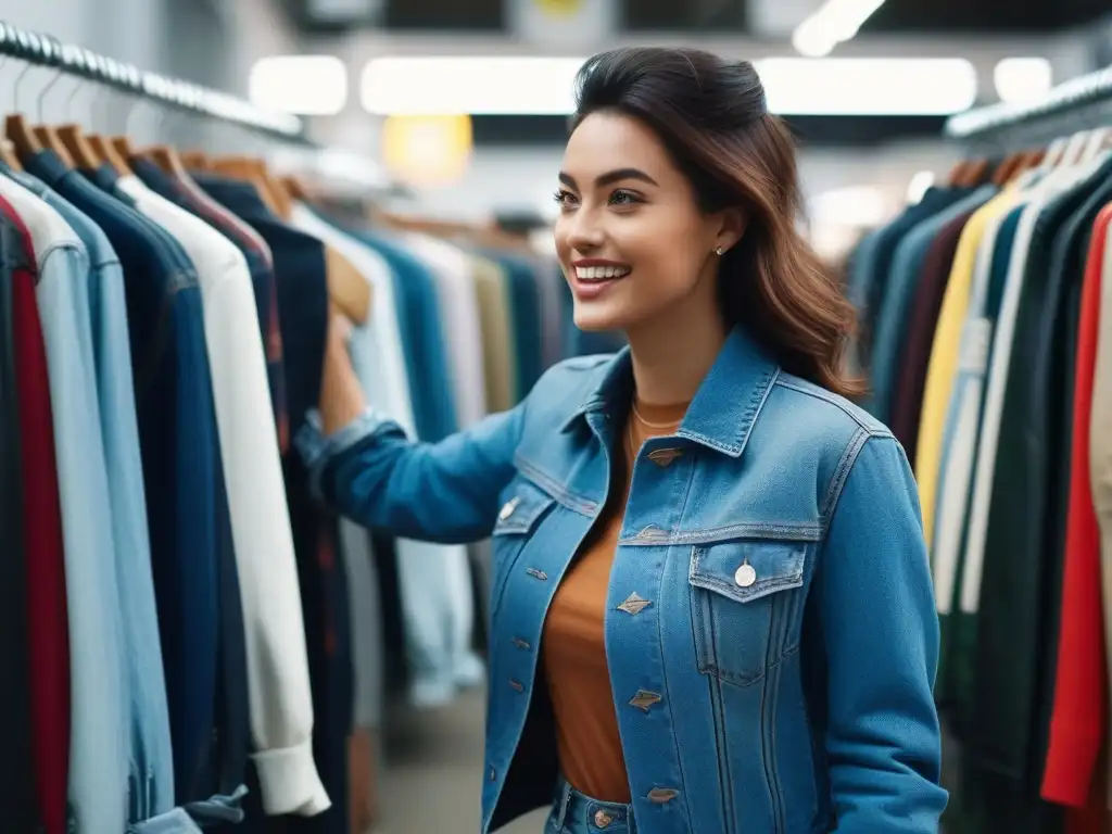 Joven eco fashion: explorando ropa vintage en tienda de moda sostenible Una joven elegante explora ropa de segunda mano ecoconsciente con emoción en una tienda moderna y chic