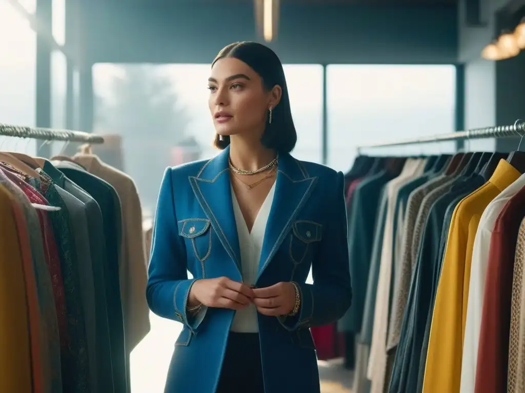 Joven trendy examina ropa vintage en tienda de segunda mano Una joven elegante examina ropa vintage en una tienda de segunda mano ecoconsciente