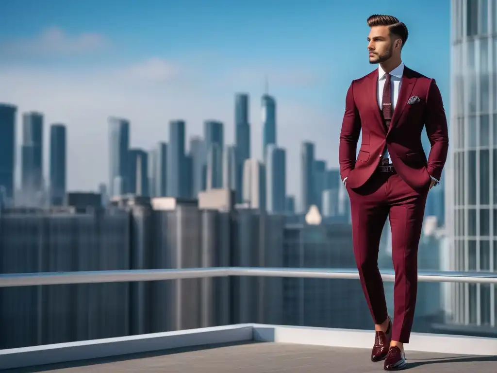 Joven elegante en traje moderno en entorno urbano sofisticado Un joven elegante y seguro, vistiendo un traje slimfit en un tono moderno, con accesorios a la moda