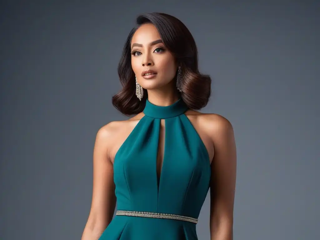 Elegancia halter para mujeres petite: ¡Estilo sofisticado! Una joven elegante en vestido halter, resaltando la belleza de este cuello para mujeres petite