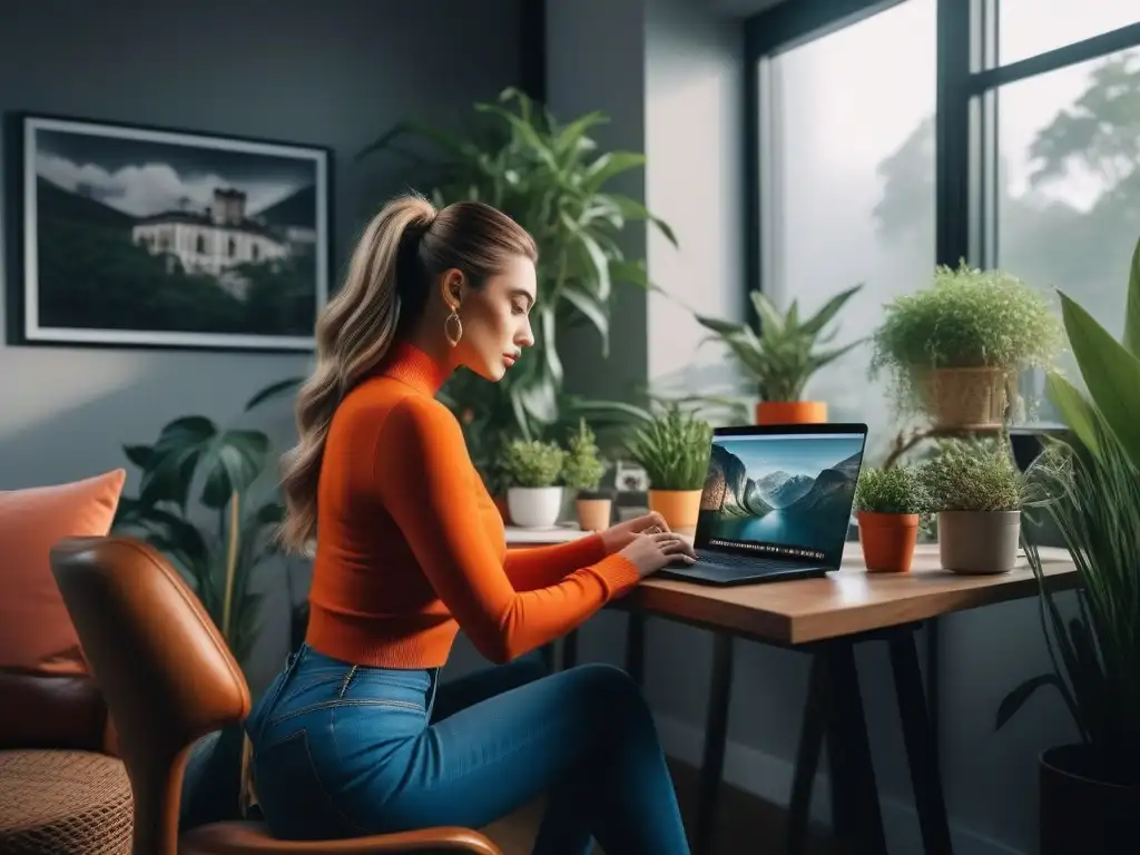 Mujer creativa en su espacio de trabajo inspirador Una joven en su escritorio con plantas y decoración moderna, concentrada en su laptop