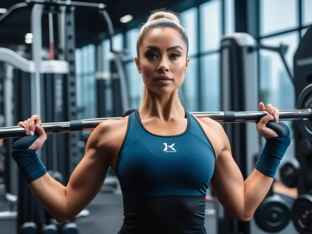 Empoderamiento femenino: mujer fuerte levantando pesas en gimnasio moderno Joven en gym moderno levantando pesas, expresión determinada