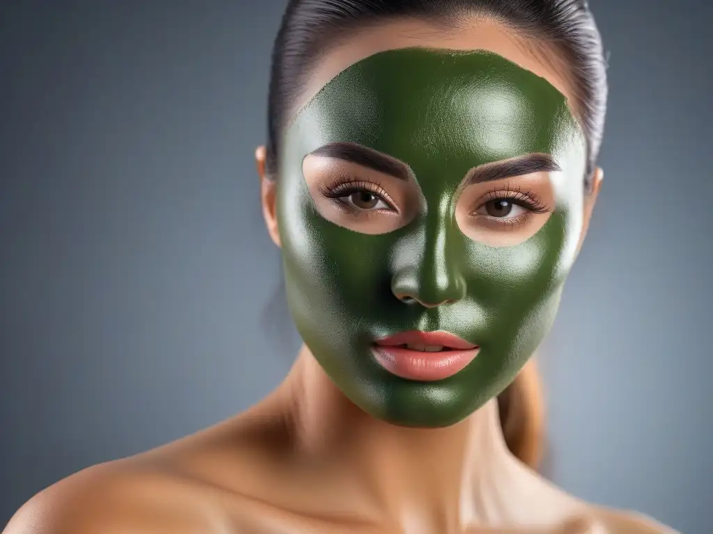 Experiencia refrescante: Mascarilla casera de té verde en rostro femenino Una joven disfruta de una mascarilla de té verde casera, mostrando frescura y cuidado facial
