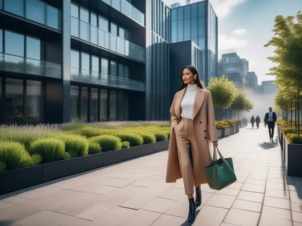 Moda sostenible en la ciudad: diversidad y estilo eco-friendly Una joven viste moda ecoconsciente y bienestar personal en una ciudad moderna y sostenible