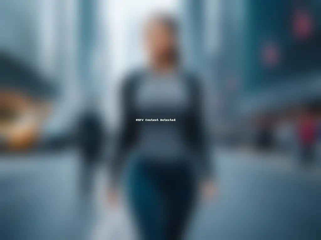 Leggings perfectamente ajustados para mujeres petite en la ciudad Una joven mujer camina con confianza por una bulliciosa ciudad, luciendo leggings para Petite ajuste perfecto
