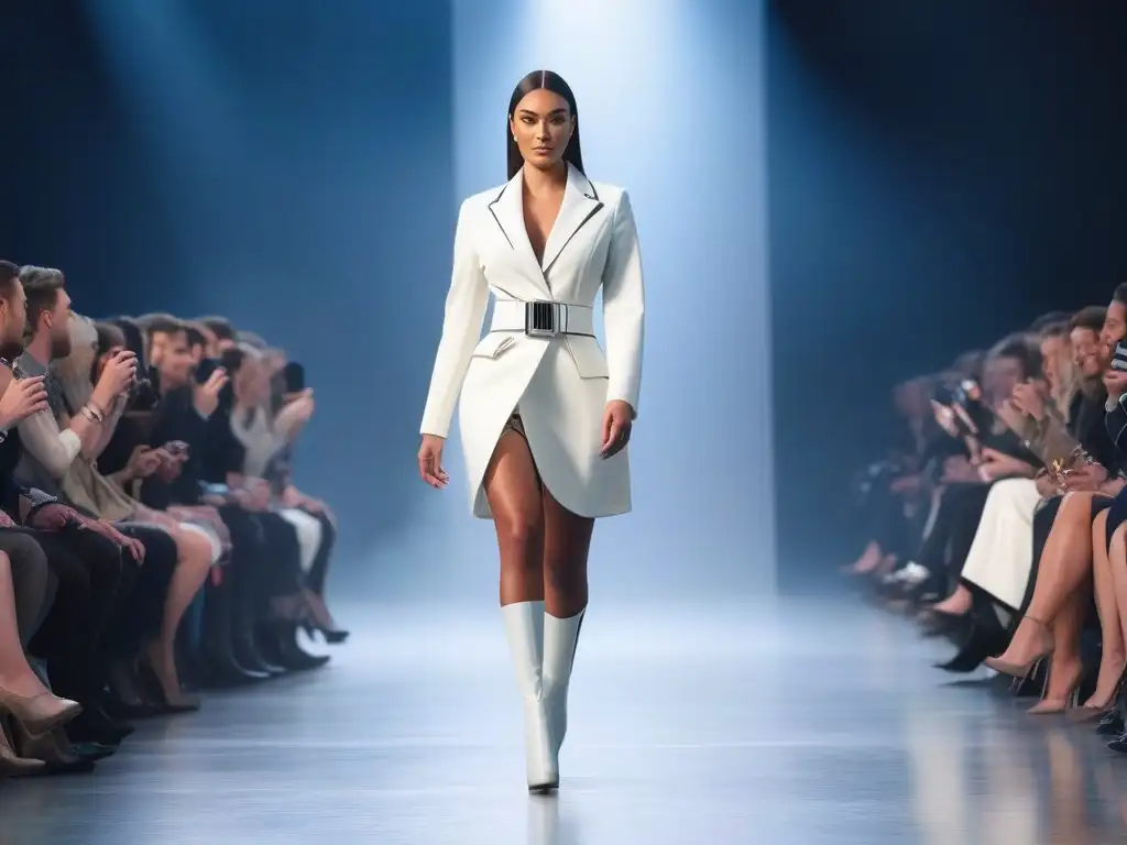 Desfile de moda inclusiva: mujer con prótesis deslumbra en la pasarela Una joven con prótesis camina segura en una pasarela, luciendo un diseño de moda adaptativa que potencia su autoestima e identidad